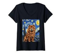 Donna Chow Chow Dog Van Gogh Notte Stellata Art Maglietta con Collo a V