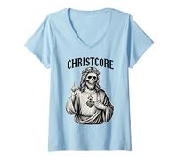 Donna Christcore Skull Gesù Sacro Cuore Edgy Christian Metal Art Maglietta con Collo a V