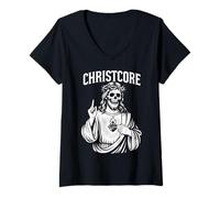 Donna Christcore - Teschio di Gesù, Cuore Sacro, Design Cristiano in Metallo Maglietta con Collo a V