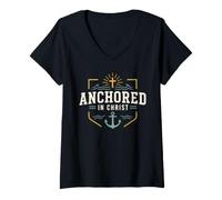 Donna Christian Anchored in Christ Faith Anchor Cross Maglietta con Collo a V