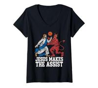 Donna Christian Basketball Amante Religioso Baller Gesù Cristo Maglietta con Collo a V