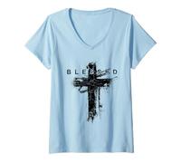 Donna Christian Blessed Cross Jesus Christ vintage Maglietta con Collo a V