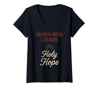 Donna Christian Homeschool Mamma Esausto Caos Fede Umorismo Maglietta con Collo a V
