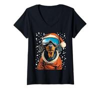 Donna Christmas Bulldog in Occhiali da Sci Babbo Natale Cane Sciatore Snowboarder Maglietta con Collo a V