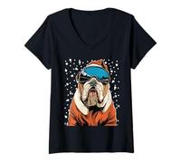 Donna Christmas Bulldog in Occhiali da Sci Babbo Natale Cane Sciatore Snowboarder Maglietta con Collo a V