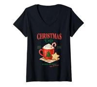 Donna Christmas Cafe Bevande Calde Dolci Maglietta con Collo a V