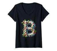 Donna Christmas Candy Cane Lettera B Joy Maglietta con Collo a V