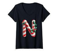 Donna Christmas Candy Cane Lettera N Holly Berries Maglietta con Collo a V