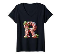 Donna Christmas Candy Cane Lettera R Joyful Maglietta con Collo a V