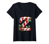 Donna Christmas Candy Cane Lettera Z Festive Spirit Maglietta con Collo a V