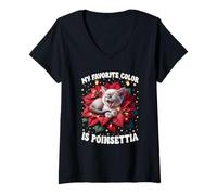 Donna Christmas Cat with Lights for Women Red Poinsettia Flowers Maglietta con Collo a V