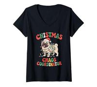 Donna Christmas Chaos Coordinator Men Women Pug Mix Breed Dog Maglietta con Collo a V