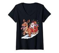 Donna Christmas Dino T-Rex - Babbo Natale Slitta, Divertente per Bambini Maglietta con Collo a V