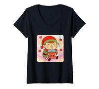 Donna Christmas Elf Bubble Tea Amante Carino Anime Kawaii Arcobaleno Maglietta con Collo a V