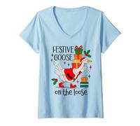 Donna Christmas Goose Festive Goose on The Loose Duck Xmas Holiday Maglietta con Collo a V