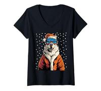 Donna Christmas Husky Santa in Occhiali da Sci Sciatore Snowboarder Maglietta con Collo a V