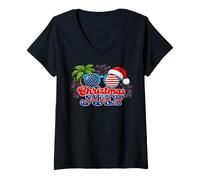 Donna Christmas in July Summer Beach Hawaii Santa USA Flag Maglietta con Collo a V