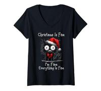Donna Christmas Is Fine I'm Fine Grumpy Black Xmas Cat Chaos Maglietta con Collo a V