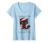 Donna Christmas Is Fine I'm Fine Grumpy Xmas Cat Christmas Chaos Maglietta con Collo a V