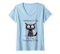 Donna Christmas Is Fine I'm Fine Grumpy Xmas Cat Christmas Chaos Maglietta con Collo a V