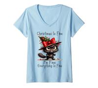 Donna Christmas Is Fine I'm Fine Grumpy Xmas Cat Christmas Chaos Maglietta con Collo a V