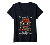 Donna Christmas Is Fine I'm Fine Grumpy Xmas Cat Maglietta con Collo a V