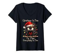 Donna Christmas Is Fine I'm Fine Grumpy Xmas Cat Maglietta con Collo a V