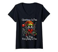 Donna Christmas Is Fine I'm Fine Grumpy Xmas Cat Maglietta con Collo a V