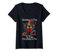 Donna Christmas Is Fine I'm Fine Grumpy Xmas Cat Maglietta con Collo a V