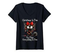 Donna Christmas Is Fine I'm Fine Grumpy Xmas Cat Maglietta con Collo a V