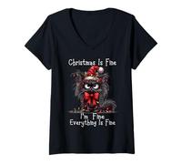 Donna Christmas Is Fine I'm Fine Grumpy Xmas Cat Maglietta con Collo a V
