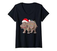 Donna Christmas Lights Hippopotamus Xmas Hat - Hippopotamus Lover Maglietta con Collo a V