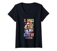 Donna Christmas Party Crew | Scimmia con Birra | Divertente Unicorno di Natale Maglietta con Collo a V