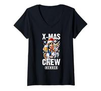 Donna Christmas Party Crew | Scimmia Divertente con Birra | Unicorno di Natale Maglietta con Collo a V