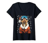 Donna Christmas Pit Bull Occhiali da Sci Babbo Natale Cane sciatore Snowboarder Maglietta con Collo a V