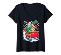 Donna Christmas Poodle Sleigh T-Rex Dinosaur Poodles Maglietta con Collo a V