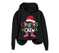 Donna Christmas Print Fashion Casual Solid Color Loose Long Sleeved Letter Print Felpa con cappuccio da donna, Nero , XXL