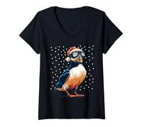 Donna Christmas Puffin Bird in Occhiali da Sci Santa Sciatore Snowboarder Maglietta con Collo a V