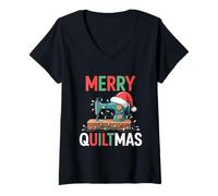 Donna Christmas Quilting Machin with Xmas Light TeeMerry Quiltmas Maglietta con Collo a V