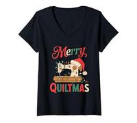 Donna Christmas Quilting Machine with Xmas Light Merry Quiltmas Maglietta con Collo a V