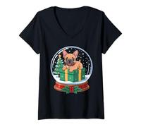 Donna Christmas Snow Globe French Bulldog X-mas Tree Frenchie Maglietta con Collo a V