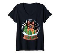 Donna Christmas Snow Globe German Shepherd X-mas Tree GSD Maglietta con Collo a V