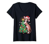 Donna Christmas Tree Cornish Rex Sunglasses Maglietta con Collo a V