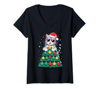 Donna Christmas Tree Egyptian Mau Sunglasses Maglietta con Collo a V