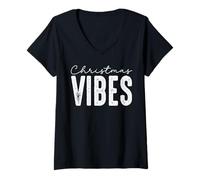 Donna Christmas Vibes - Bianco Grunge Lettering Design Maglietta con Collo a V