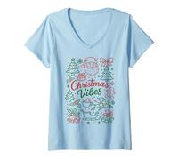 Donna Christmas Vibes Festive Holiday Doodle Babbo Natale Albero Renna Maglietta con Collo a V