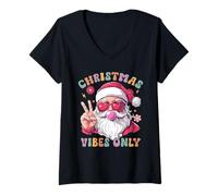 Donna Christmas Vibes Only Groovy Christmas Hippie Babbo Natale Maglietta con Collo a V