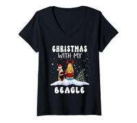 Donna Christmas with My Beagle Dog Puppy Funny Xmas Maglietta con Collo a V