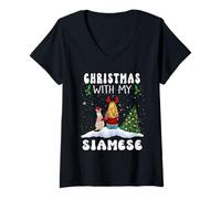 Donna Christmas with My Siamese Cat Kitty Funny Xmas Maglietta con Collo a V