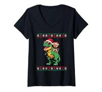 Donna Christmas Yorkshire Terrier T-Rex Dinosaur Yorkie Maglietta con Collo a V